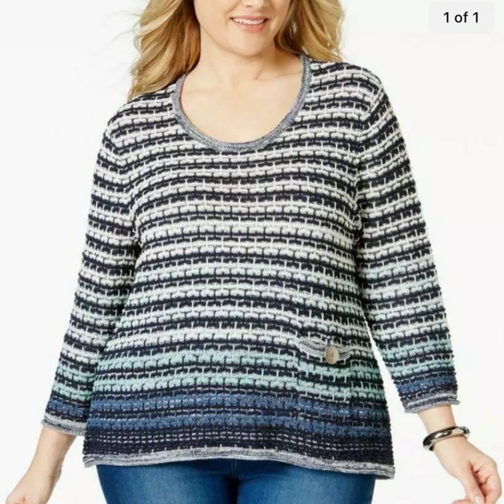 JM Collection Woman Plus Size 1X Textured Lightweight Blue Pullover Sweater Top